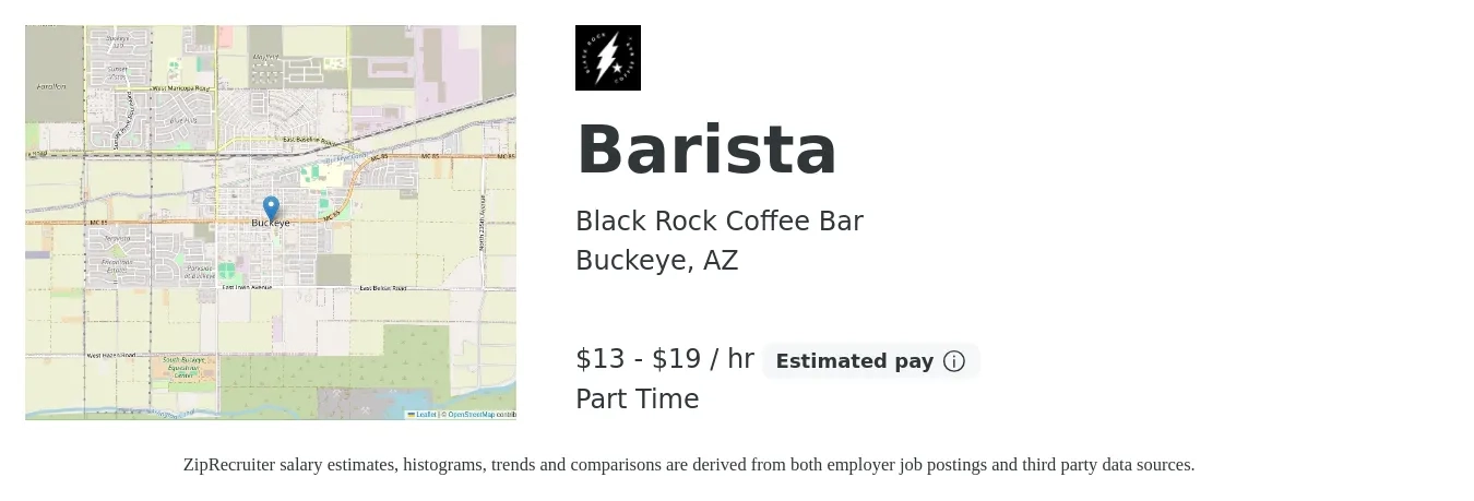 Black Rock Coffee Bar job posting for a Barista in Buckeye, AZ with a salary of $14 to $20 Hourly with a map of Buckeye location.