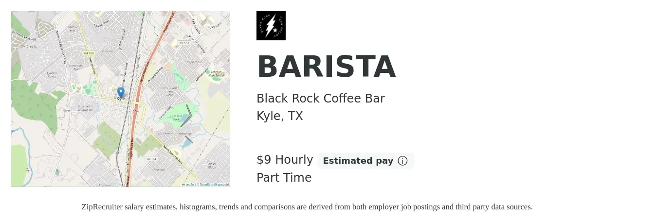 Black Rock Coffee Bar job posting for a BARISTA in Kyle, TX with a salary of $10 Hourly with a map of Kyle location.