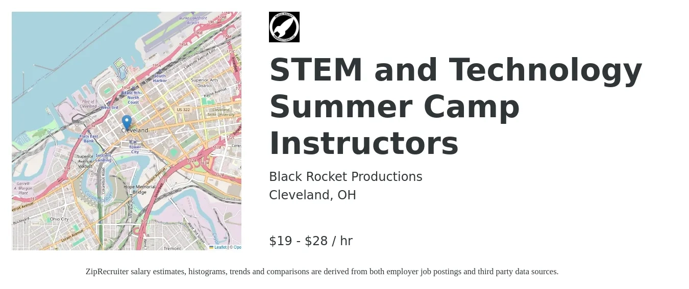 Black Rocket Productions job posting for a STEM and Technology Summer Camp Instructors in Cleveland, OH with a salary of $20 to $30 Hourly with a map of Cleveland location.
