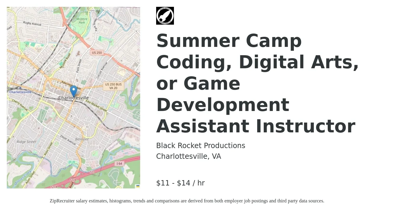 Black Rocket Productions job posting for a Summer Camp Coding, Digital Arts, or Game Development Assistant Instructor in Charlottesville, VA with a salary of $12 to $15 Hourly with a map of Charlottesville location.