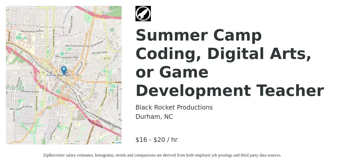 Black Rocket Productions job posting for a Summer Camp Coding, Digital Arts, or Game Development Teacher in Durham, NC with a salary of $17 to $21 Hourly with a map of Durham location.