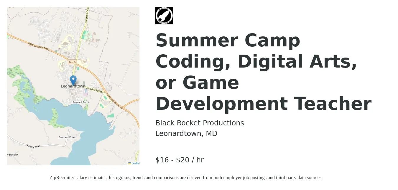 Black Rocket Productions job posting for a Summer Camp Coding, Digital Arts, or Game Development Teacher in Leonardtown, MD with a salary of $17 to $21 Hourly with a map of Leonardtown location.