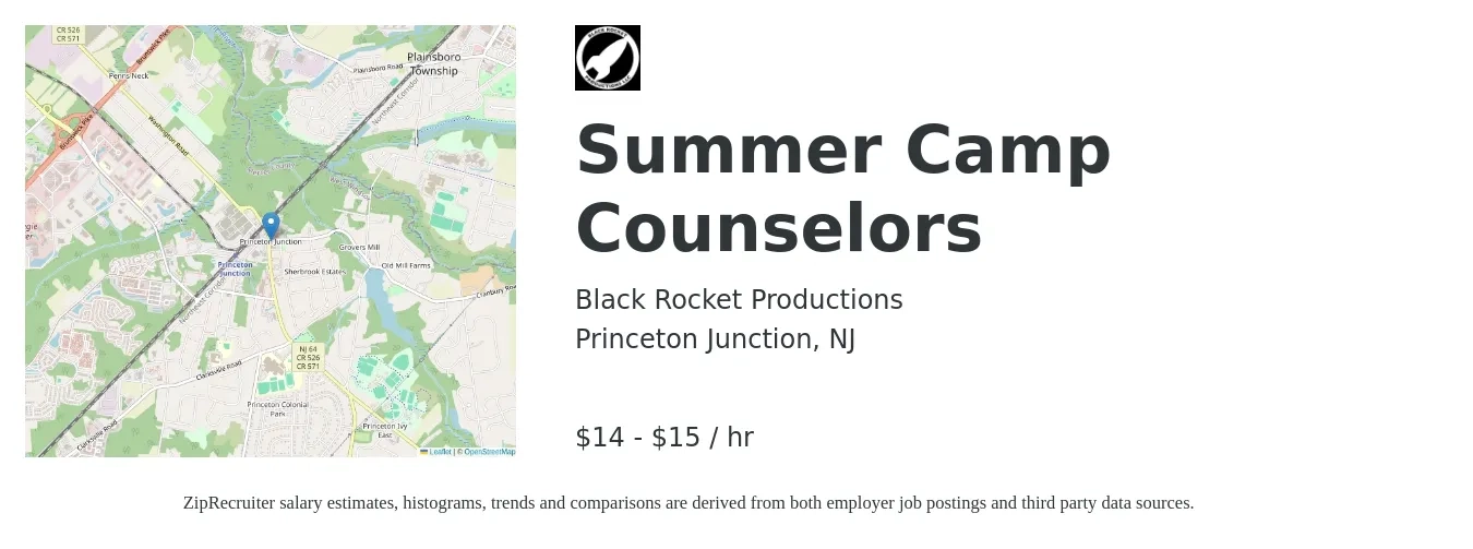 Black Rocket Productions job posting for a Summer Camp Counselors in Princeton Junction, NJ with a salary of $16 to $16 Hourly with a map of Princeton Junction location.