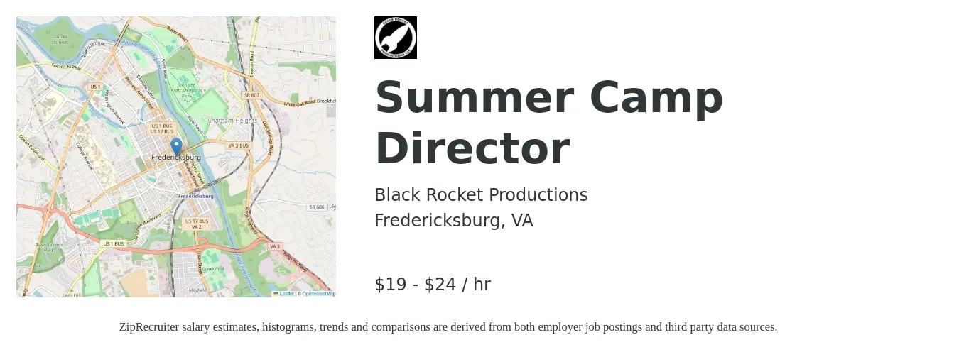 Black Rocket Productions job posting for a Summer Camp Director in Fredericksburg, VA with a salary of $20 to $25 Hourly with a map of Fredericksburg location.