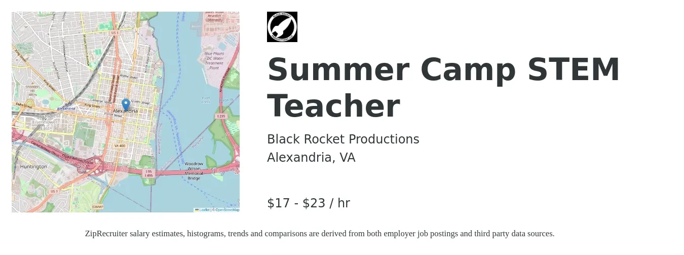 Black Rocket Productions job posting for a Summer Camp STEM Teacher in Alexandria, VA with a salary of $18 to $24 Hourly with a map of Alexandria location.