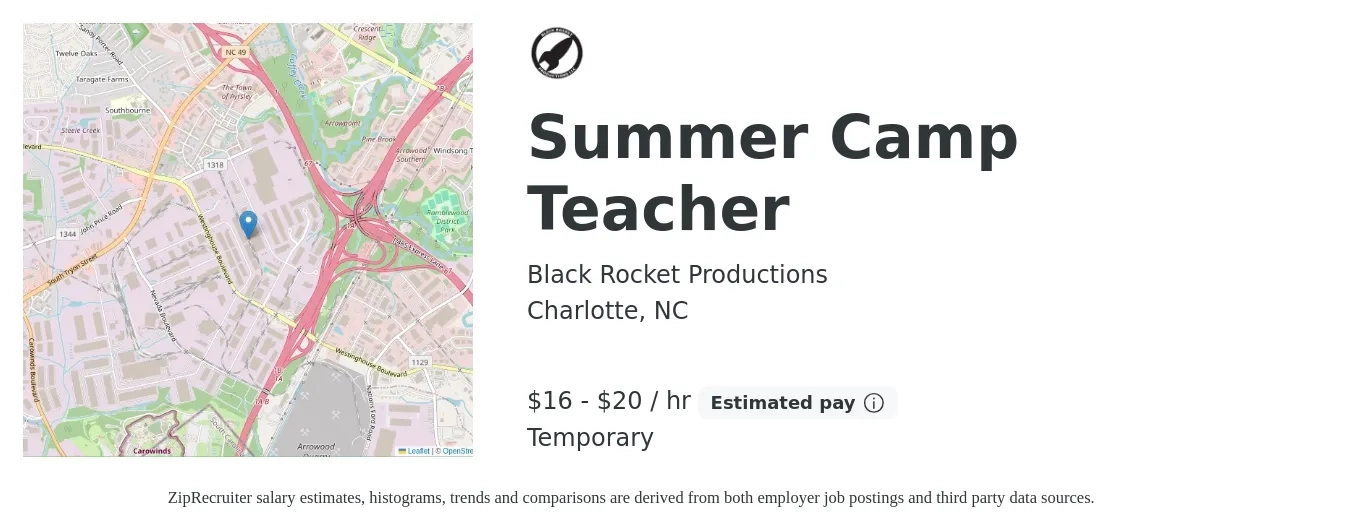Black Rocket Productions job posting for a Summer Camp Teacher in Charlotte, NC with a salary of $17 to $21 Hourly with a map of Charlotte location.