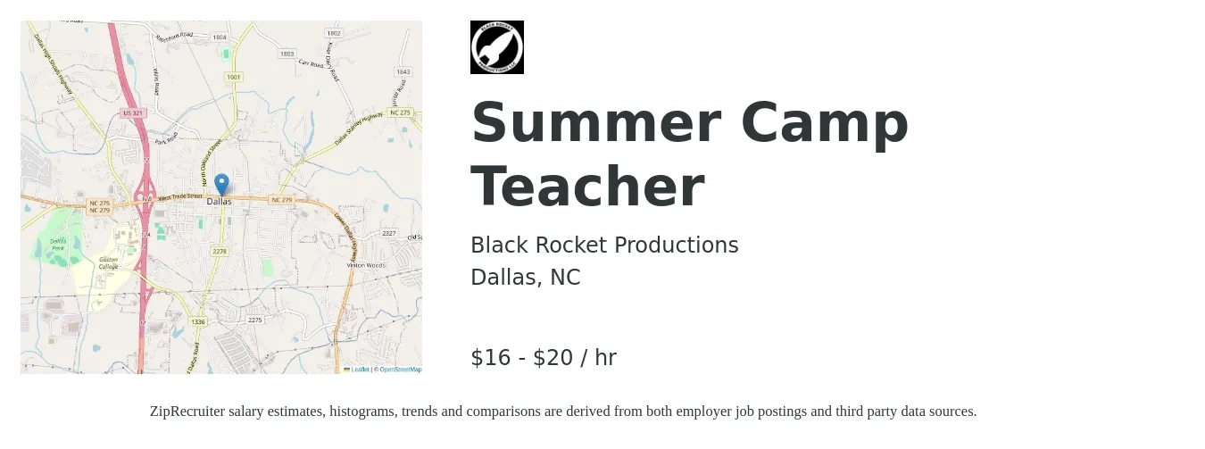 Black Rocket Productions job posting for a Summer Camp Teacher in Dallas, NC with a salary of $17 to $21 Hourly with a map of Dallas location.