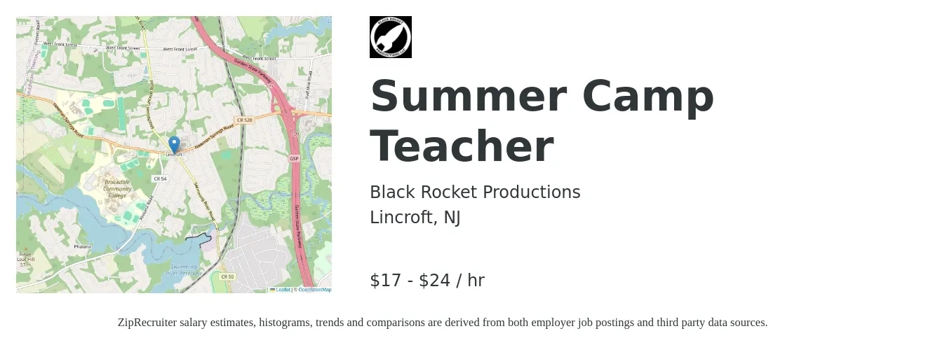 Black Rocket Productions job posting for a Summer Camp Teacher in Lincroft, NJ with a salary of $18 to $25 Hourly with a map of Lincroft location.