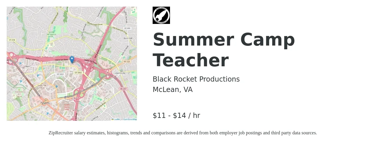 Black Rocket Productions job posting for a Summer Camp Teacher in McLean, VA with a salary of $12 to $15 Hourly with a map of McLean location.