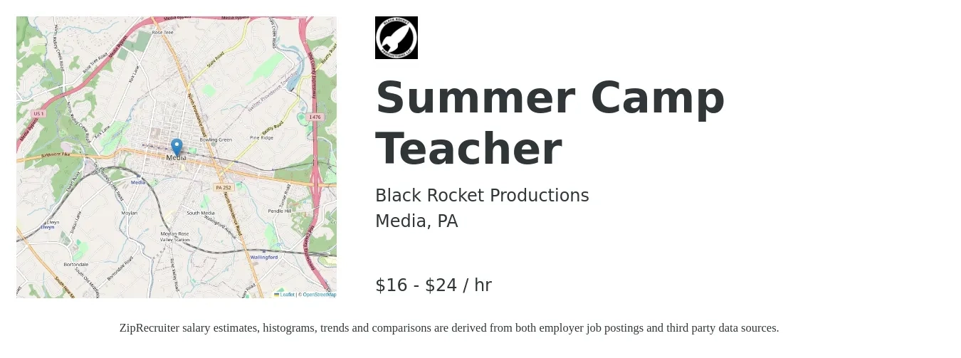 Black Rocket Productions job posting for a Summer Camp Teacher in Media, PA with a salary of $17 to $25 Hourly with a map of Media location.
