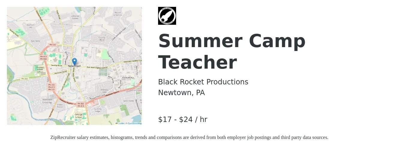 Black Rocket Productions job posting for a Summer Camp Teacher in Newtown, PA with a salary of $18 to $25 Hourly with a map of Newtown location.