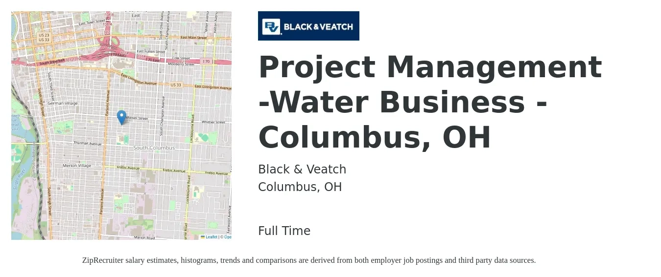 Black & Veatch job posting for a Project Management -Water Business - Columbus, OH in Columbus, OH with a salary of $42 to $67 Hourly with a map of Columbus location.