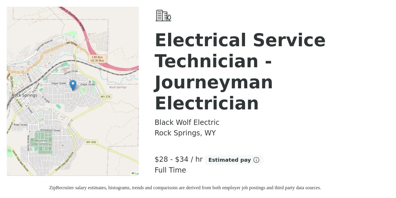 Black Wolf Electric job posting for a Electrical Service Technician - Journeyman Electrician in Rock Springs, WY with a salary of $30 to $36 Hourly with a map of Rock Springs location.