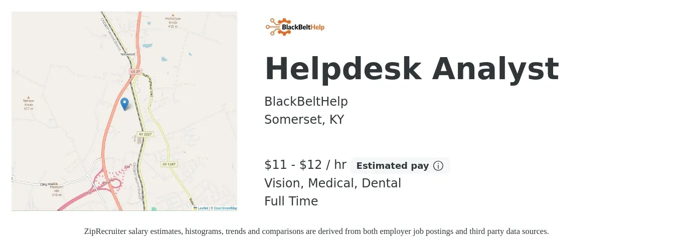 BlackBeltHelp job posting for a Helpdesk Analyst in Somerset, KY with a salary of $12 to $13 Hourly and benefits including dental, life_insurance, medical, pto, retirement, and vision with a map of Somerset location.