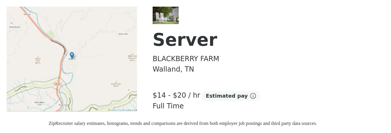 BLACKBERRY FARM job posting for a Server in Walland, TN with a salary of $15 to $21 Hourly with a map of Walland location.