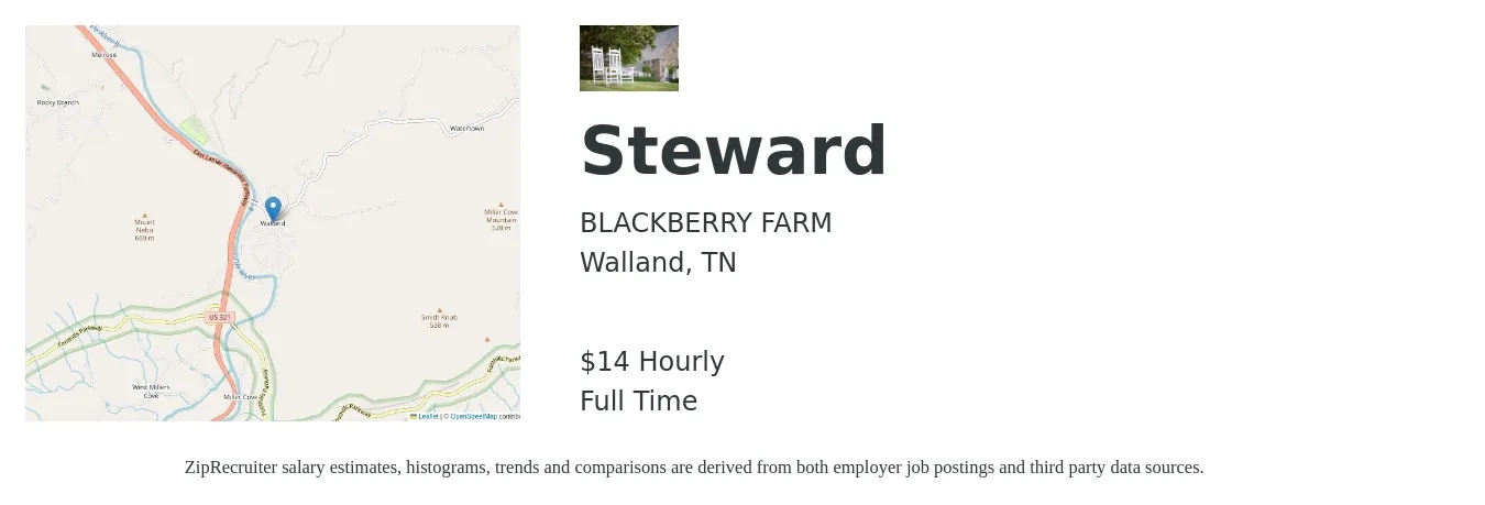 BLACKBERRY FARM job posting for a Steward in Walland, TN with a salary of $15 Hourly with a map of Walland location.