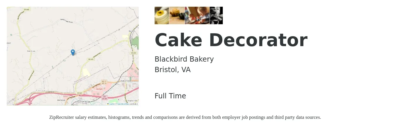 Blackbird Bakery job posting for a Cake Decorator in Bristol, VA with a salary of $13 to $17 Hourly with a map of Bristol location.