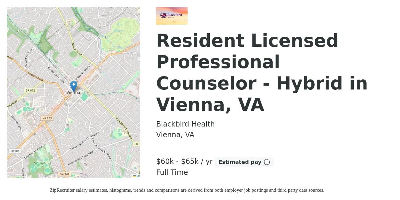 Blackbird Health job posting for a Resident Licensed Professional Counselor - Hybrid in Vienna, VA in Vienna, VA with a salary of $60,000 to $65,000 Yearly with a map of Vienna location.