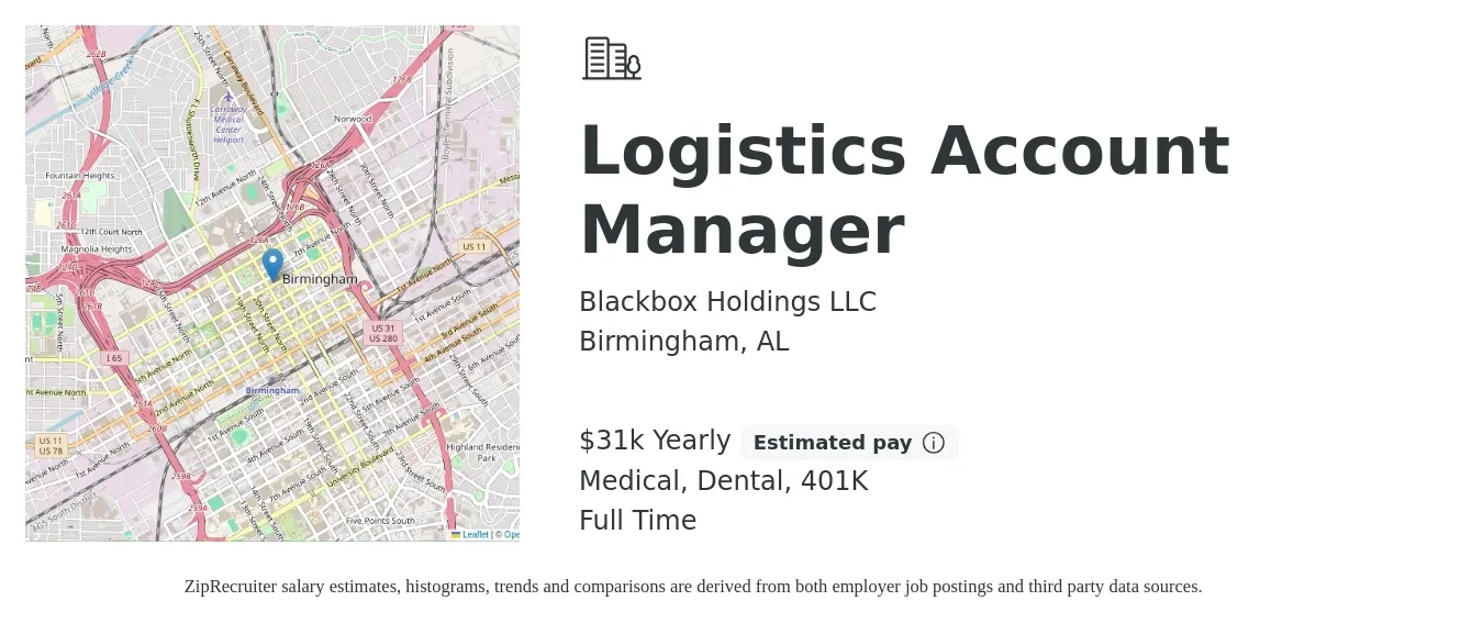 Blackbox Holdings LLC job posting for a Logistics Account Manager in Birmingham, AL with a salary of $31,200 Yearly (plus commission) and benefits including medical, 401k, and dental with a map of Birmingham location.