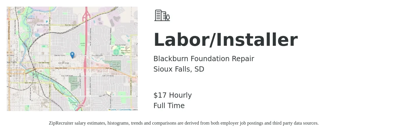 Blackburn Foundation Repair job posting for a Labor/Installer in Sioux Falls, SD with a salary of $18 Hourly with a map of Sioux Falls location.