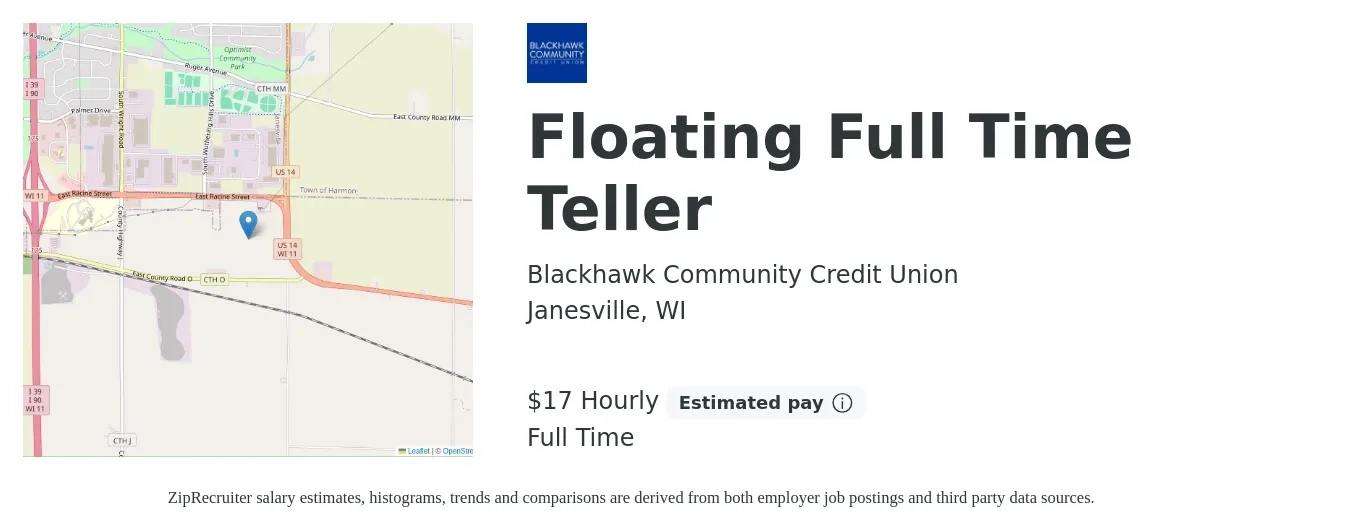 Blackhawk Community Credit Union job posting for a Floating Full Time Teller in Janesville, WI with a salary of $18 Hourly with a map of Janesville location.