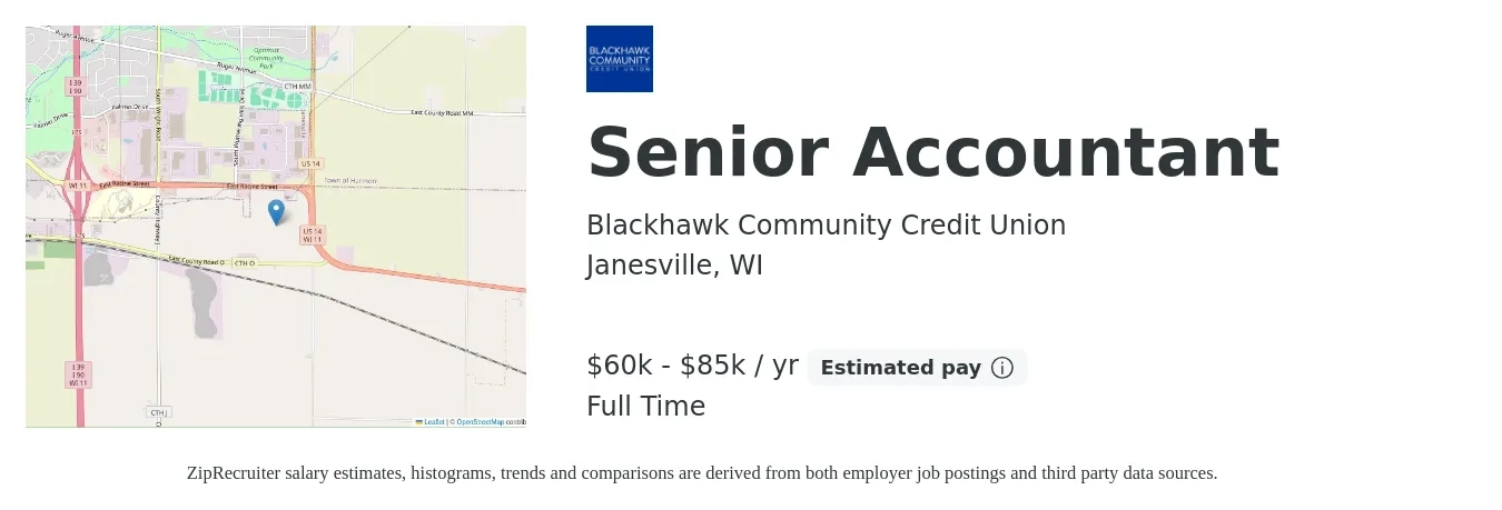 Blackhawk Community Credit Union job posting for a Senior Accountant in Janesville, WI with a salary of $60,000 to $85,000 Yearly with a map of Janesville location.