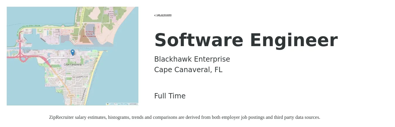 Blackhawk Enterprise job posting for a Software Engineer in Cape Canaveral, FL with a salary of $101,800 to $146,700 Yearly with a map of Cape Canaveral location.