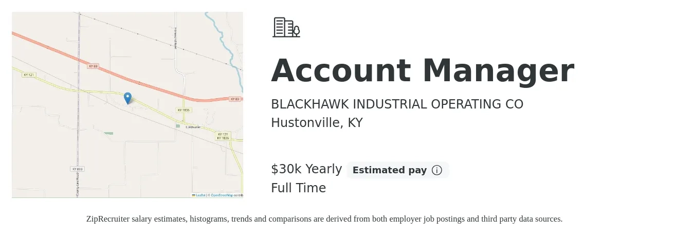BLACKHAWK INDUSTRIAL OPERATING CO job posting for a Account Manager in Hustonville, KY with a salary of $30,000 Yearly with a map of Hustonville location.