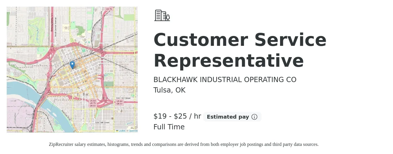BLACKHAWK INDUSTRIAL OPERATING CO job posting for a Customer Service Representative in Tulsa, OK with a salary of $20 to $26 Hourly with a map of Tulsa location.