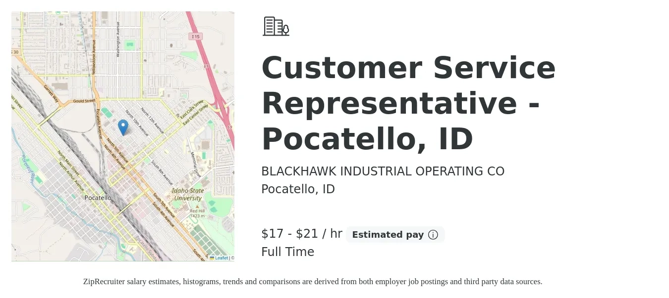 BLACKHAWK INDUSTRIAL OPERATING CO job posting for a Customer Service Representative - Pocatello, ID in Pocatello, ID with a salary of $18 to $22 Hourly with a map of Pocatello location.
