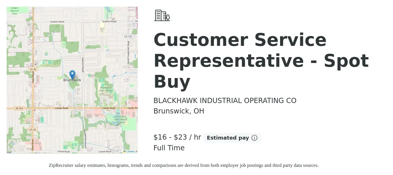 BLACKHAWK INDUSTRIAL OPERATING CO job posting for a Customer Service Representative - Spot Buy in Brunswick, OH with a salary of $17 to $24 Hourly with a map of Brunswick location.