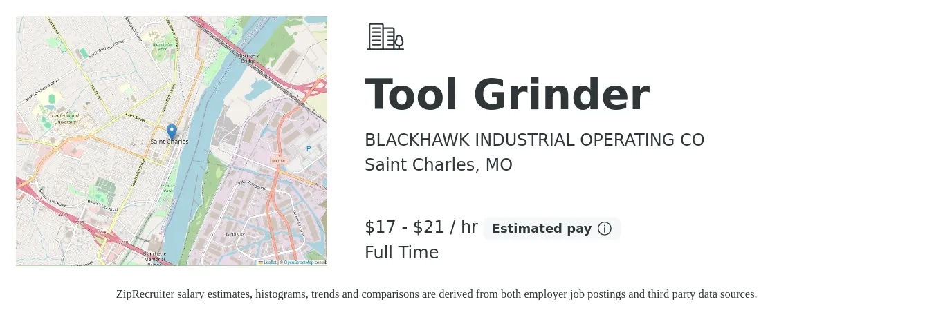 BLACKHAWK INDUSTRIAL OPERATING CO job posting for a Tool Grinder in Saint Charles, MO with a salary of $18 to $22 Hourly with a map of Saint Charles location.