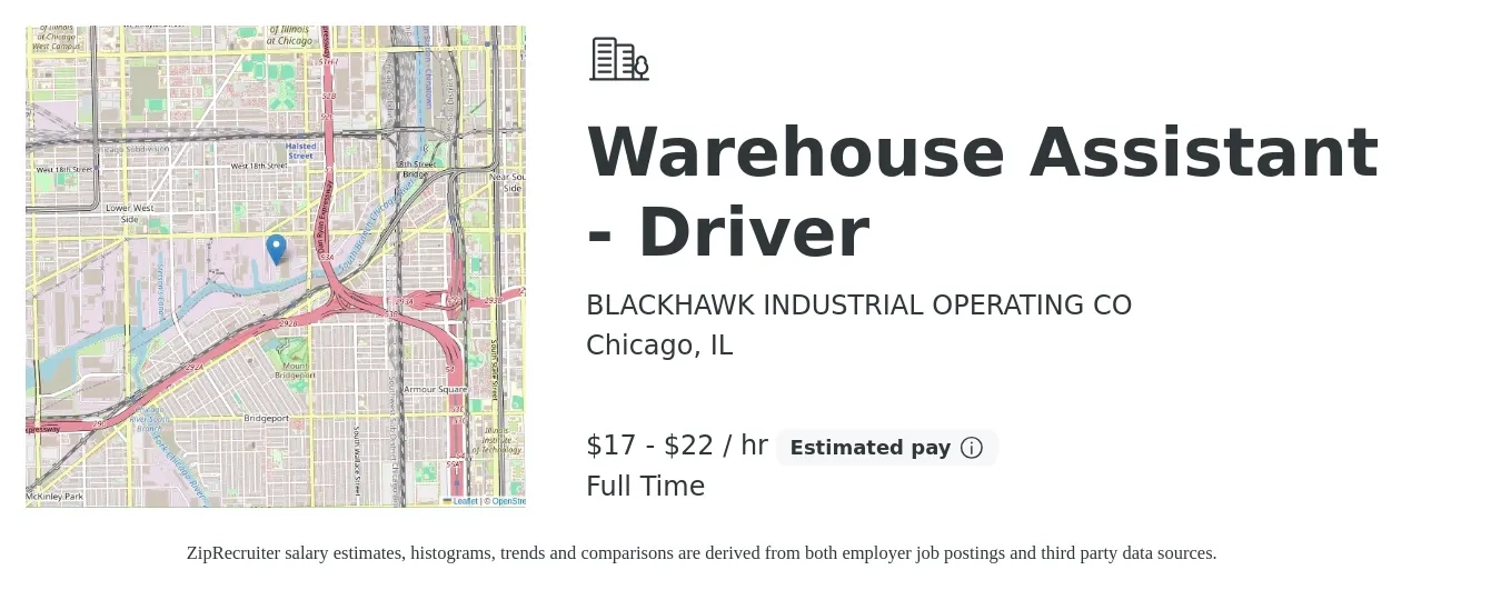 BLACKHAWK INDUSTRIAL OPERATING CO job posting for a Warehouse Assistant - Driver in Chicago, IL with a salary of $18 to $23 Hourly with a map of Chicago location.
