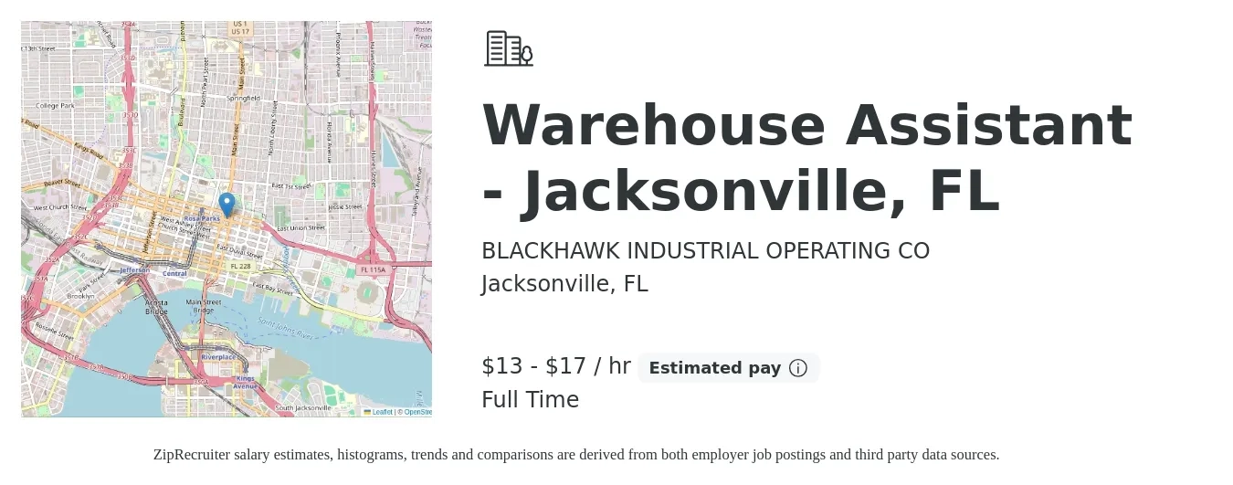 BLACKHAWK INDUSTRIAL OPERATING CO job posting for a Warehouse Assistant - Jacksonville, FL in Jacksonville, FL with a salary of $14 to $18 Hourly with a map of Jacksonville location.