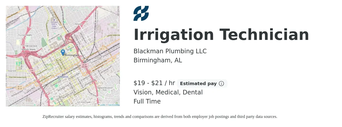 Blackman Plumbing LLC job posting for a Irrigation Technician in Birmingham, AL with a salary of $20 to $22 Hourly and benefits including life_insurance, medical, retirement, vision, and dental with a map of Birmingham location.