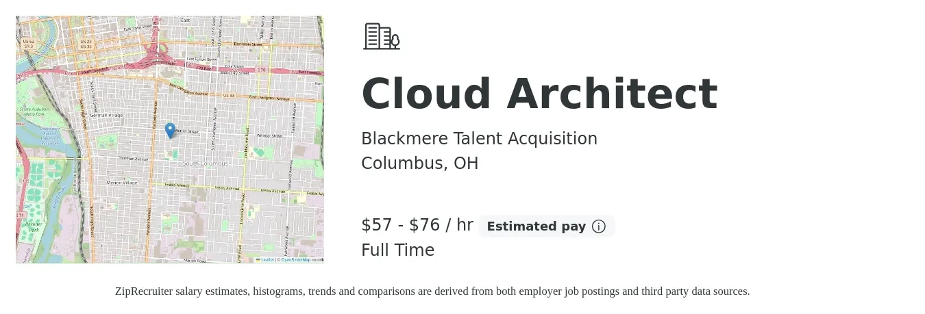 Blackmere Talent Acquisition job posting for a Cloud Architect in Columbus, OH with a salary of $60 to $80 Hourly with a map of Columbus location.
