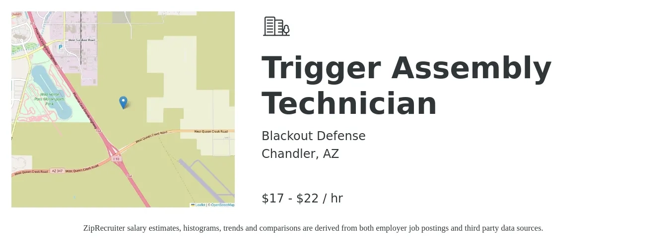 Blackout Defense job posting for a Trigger Assembly Technician in Chandler, AZ with a salary of $18 to $23 Hourly with a map of Chandler location.