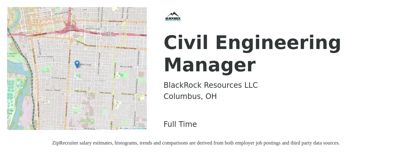 BlackRock Resources LLC job posting for a Civil Engineering Manager in Columbus, OH with a salary of $95,100 to $123,600 Yearly with a map of Columbus location.
