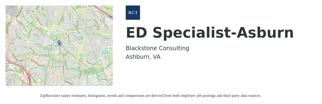 Blackstone Consulting job posting for a ED Specialist-Asburn in Ashburn, VA with a salary of $42,900 to $81,300 Yearly with a map of Ashburn location.