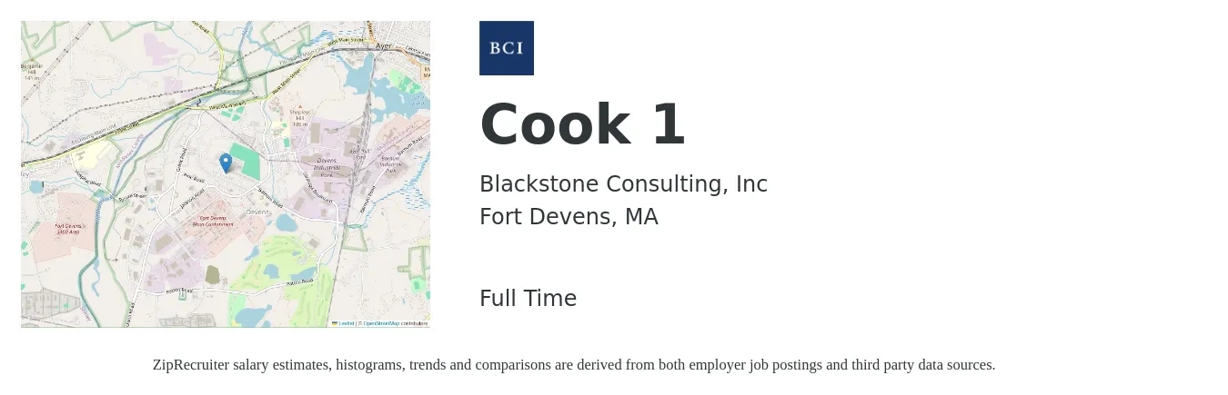 Blackstone Consulting, Inc job posting for a Cook 1 in Fort Devens, MA with a salary of $18 to $22 Hourly with a map of Fort Devens location.