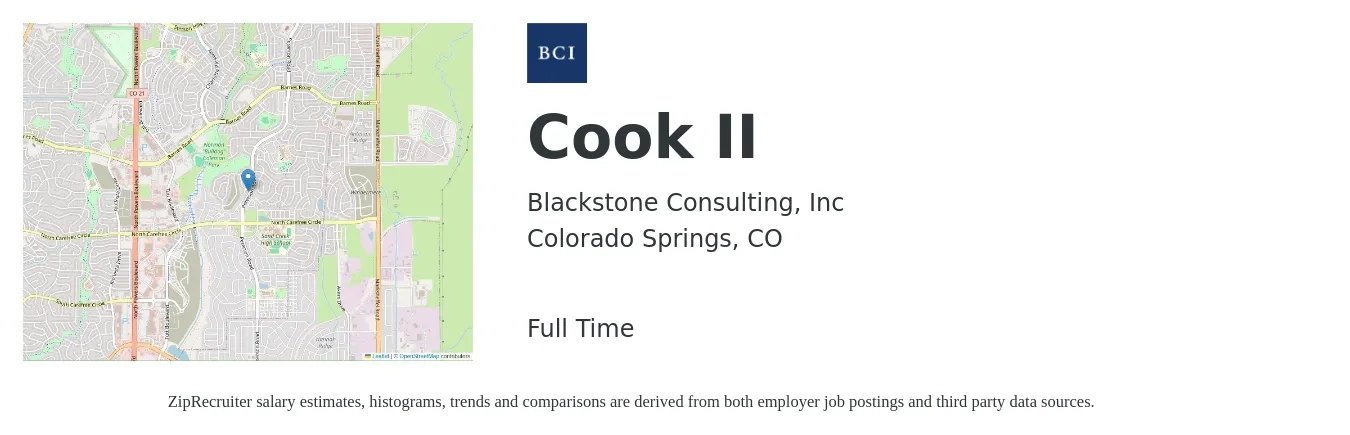 Blackstone Consulting, Inc job posting for a Cook II in Colorado Springs, CO with a salary of $12 to $16 Hourly with a map of Colorado Springs location.