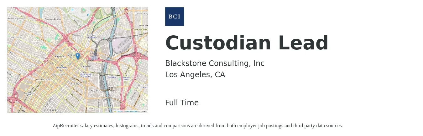 Blackstone Consulting, Inc job posting for a Custodian Lead in Los Angeles, CA with a salary of $18 to $23 Hourly with a map of Los Angeles location.