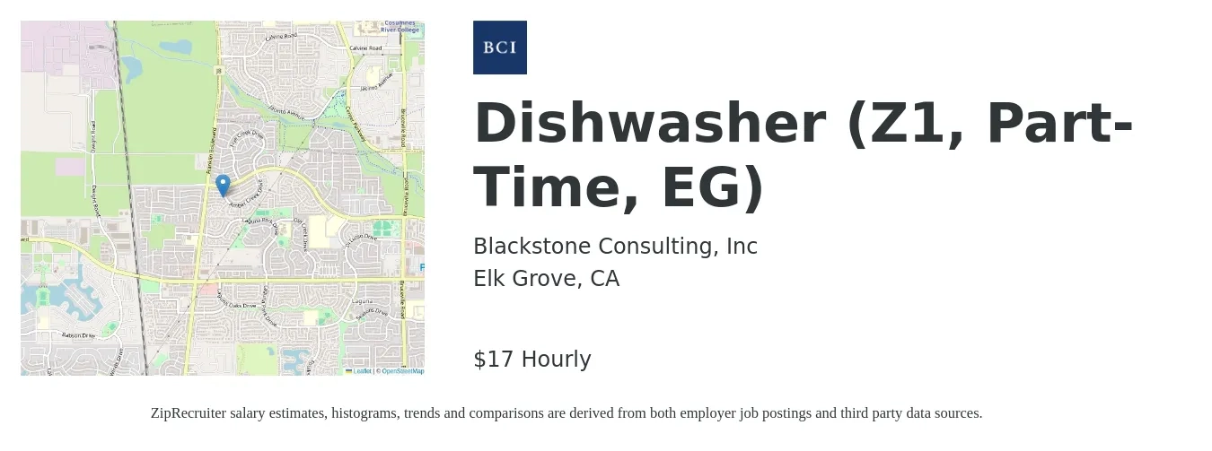 Blackstone Consulting, Inc job posting for a Dishwasher (Z1, Part-Time, EG) in Elk Grove, CA with a salary of $18 Hourly with a map of Elk Grove location.