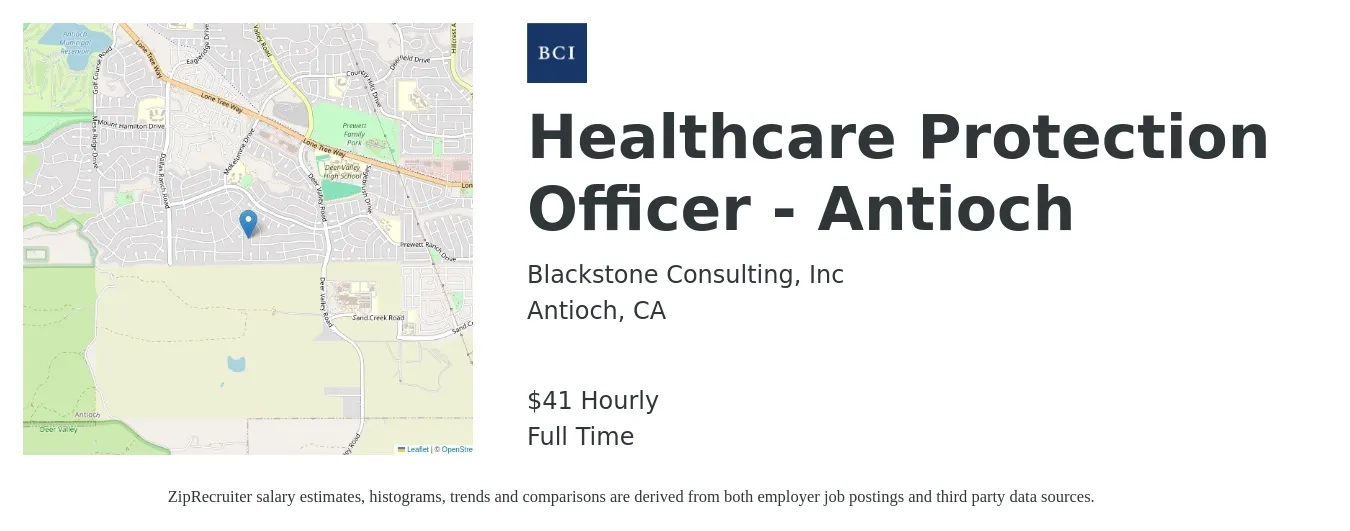 Blackstone Consulting, Inc job posting for a Healthcare Protection Officer - Antioch in Antioch, CA with a salary of $43 Hourly with a map of Antioch location.