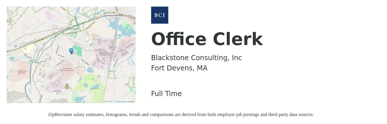 Blackstone Consulting, Inc job posting for a Office Clerk in Fort Devens, MA with a salary of $17 to $22 Hourly with a map of Fort Devens location.