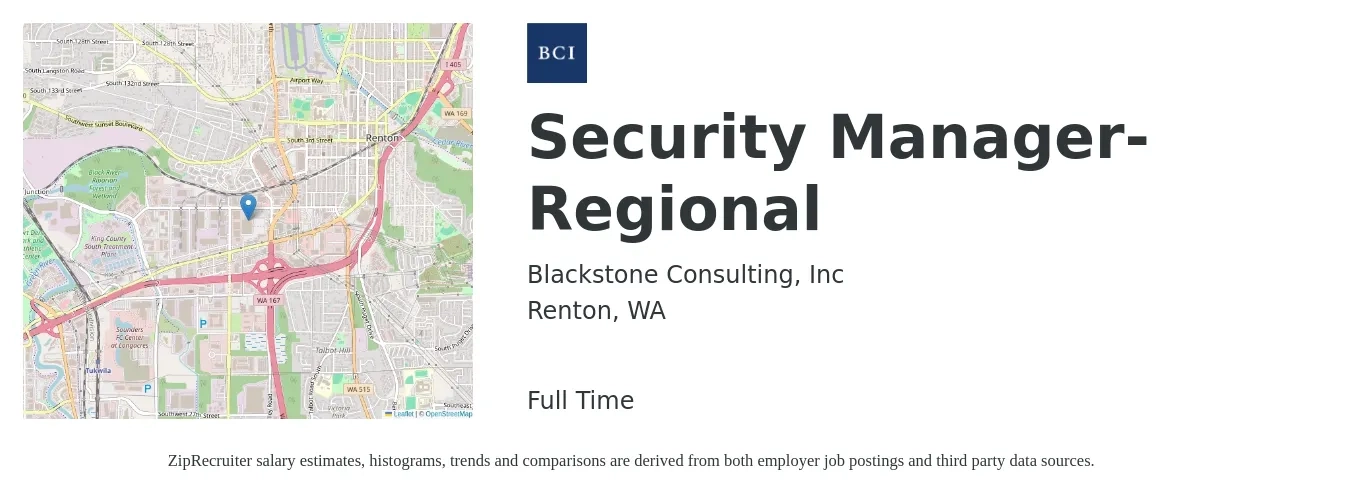 Blackstone Consulting, Inc job posting for a Security Manager-Regional in Renton, WA with a salary of $21 to $34 Hourly with a map of Renton location.