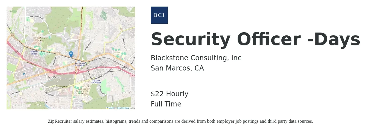 Blackstone Consulting, Inc job posting for a Security Officer -Days in San Marcos, CA with a salary of $23 Hourly with a map of San Marcos location.