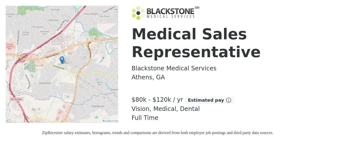 Blackstone Medical Services job posting for a Medical Sales Representative in Athens, GA with a salary of $80,000 to $120,000 Yearly and benefits including vision, dental, life_insurance, and medical with a map of Athens location.