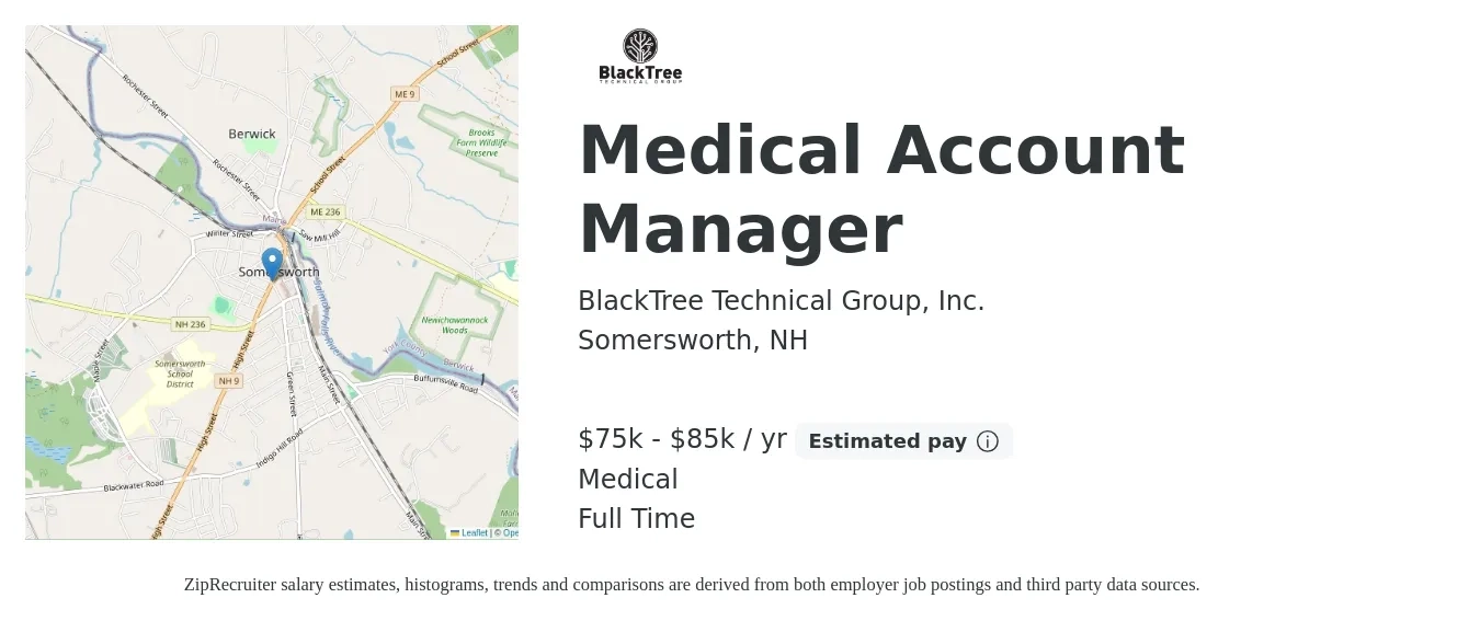 BlackTree Technical Group, Inc. job posting for a Medical Account Manager in Somersworth, NH with a salary of $75,000 to $85,000 Yearly and benefits including medical with a map of Somersworth location.