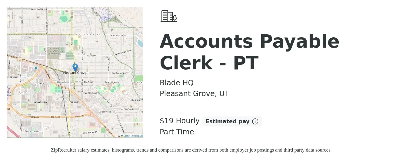 Blade HQ job posting for a Accounts Payable Clerk - PT in Pleasant Grove, UT with a salary of $20 Hourly with a map of Pleasant Grove location.